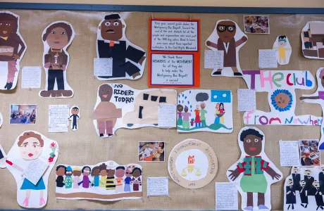 Student artwork on a bulletin board for Black history month