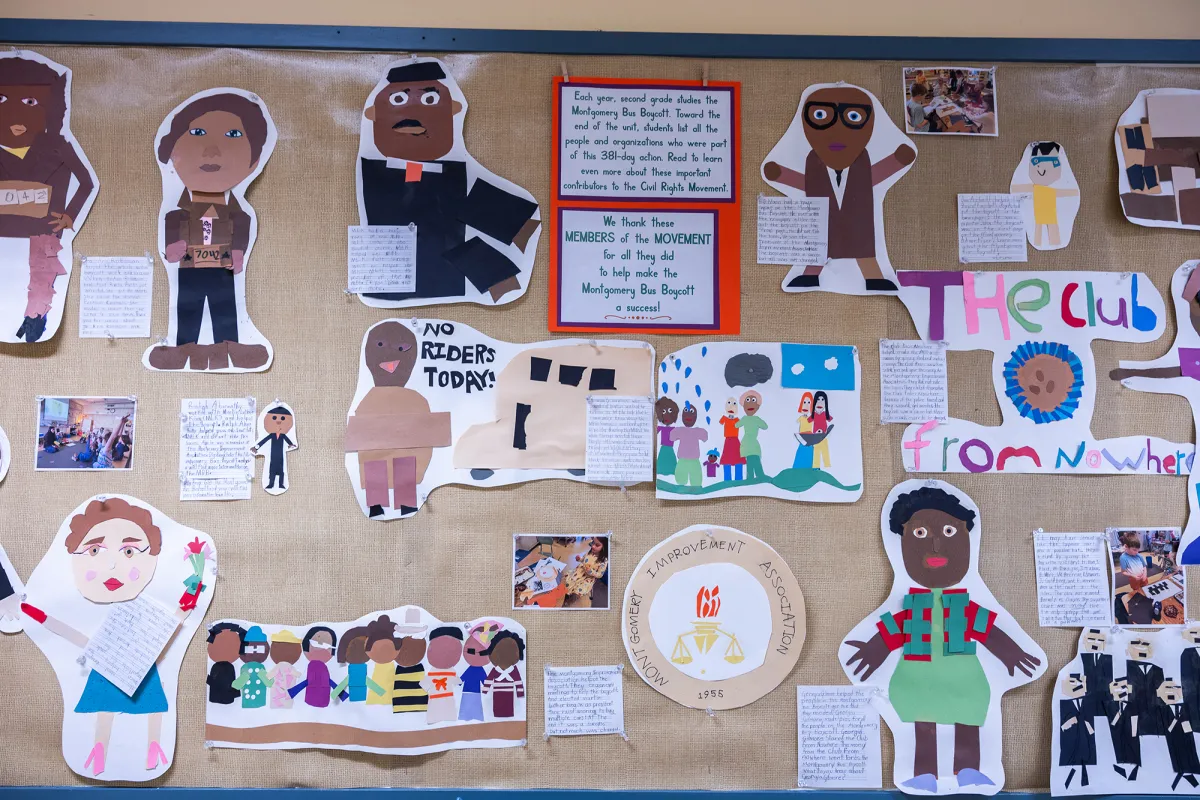 Student artwork on a bulletin board for Black history month